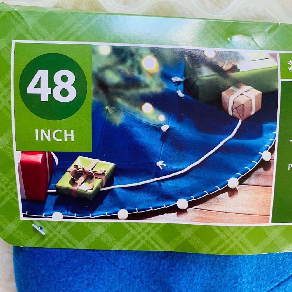 Christmas Tree Skirt 48 inch, NEW with TAGS, blue with white pom poms